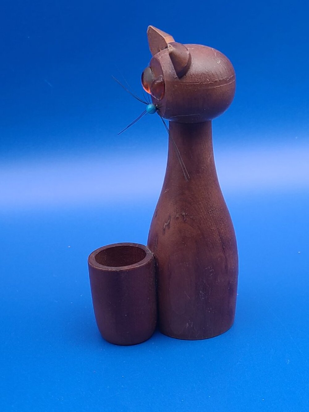 MCM Teak Wood Cat Toothpick Holder Standard Specialty Japan w Sticker - Picture 3 of 9